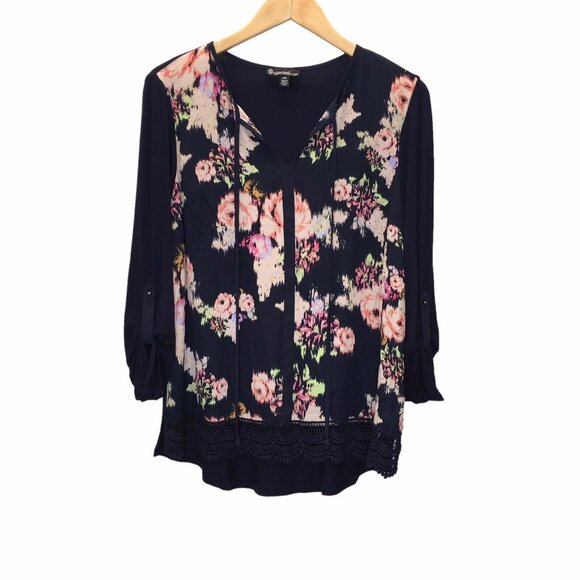 Signature Studio Tops - Signature Studio Blouse Women Size Medium Navy Blue Floral Roll Tab Sleeve Lace